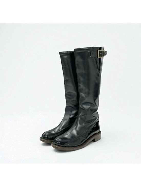 High boots - Crocodile embossed patent calfskin, black  Chanel Boots Long Shoes Leather Patent Black Gold Logo